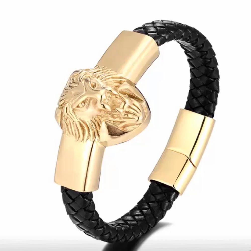 Men’s Gold Lion Stainless Steel Leather Bracelet
